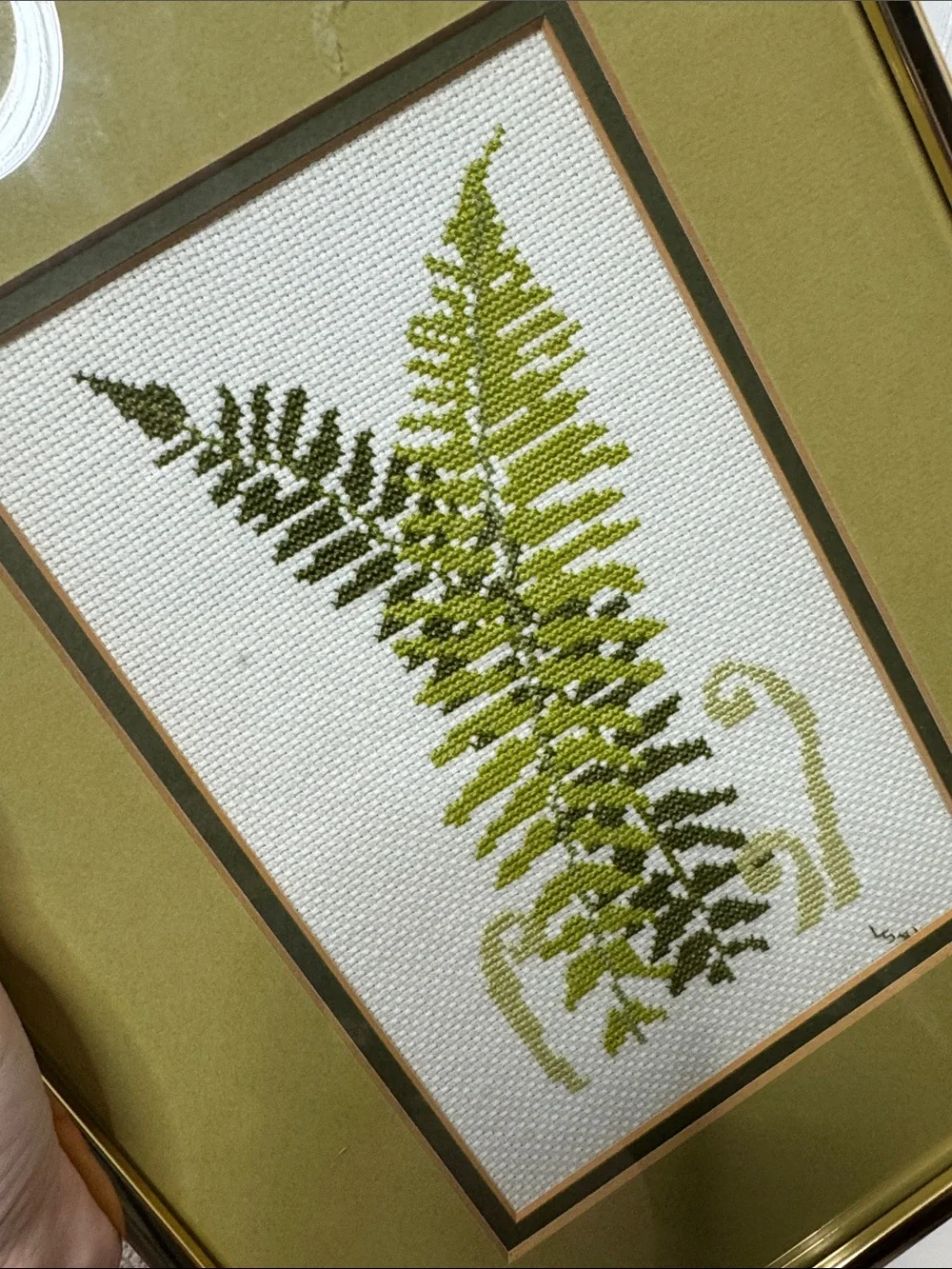 Vintage cross stitch fern leaves framed